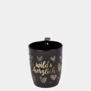 schwarze durchgefärbte Glastasse mit Dekor "wild & herzlich"